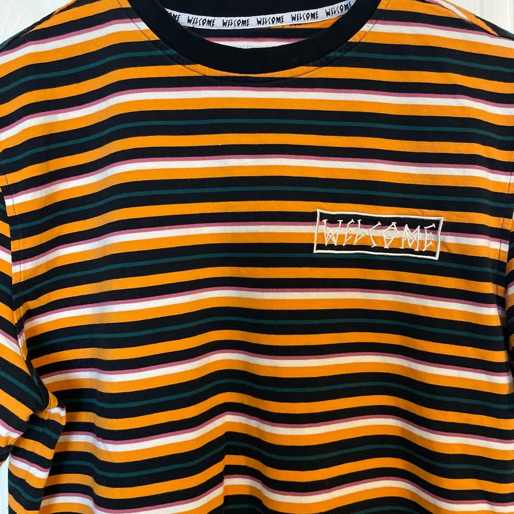 Zumiez Welcome skate T-shirt.  Retro stripes